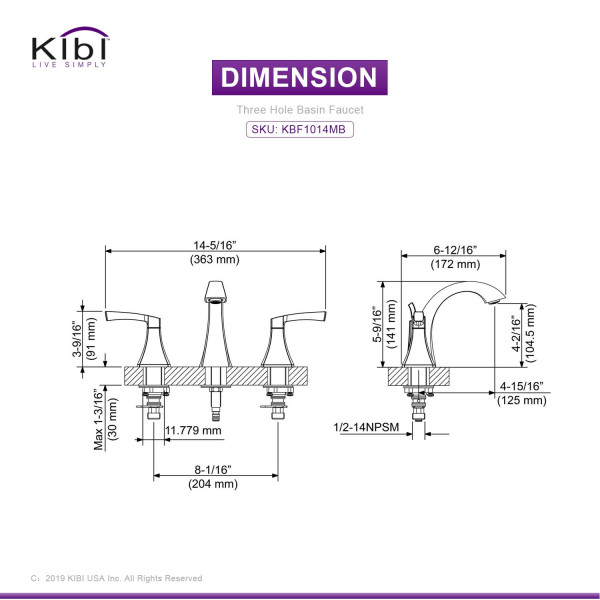 KIBI KBF1014MB Pyramid Bathroom Sink 8" Widespread Faucet with Drain Assembly