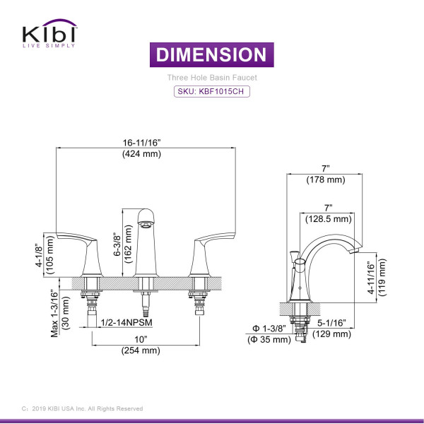 KIBI KBF1015CH Stonehenge Bathroom Sink 8" Widespread Faucet with Drain Assembly