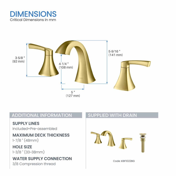 KIBI KBF1022BG Pyramid II Bathroom Sink 8" Widespread Faucet with Drain Assembly