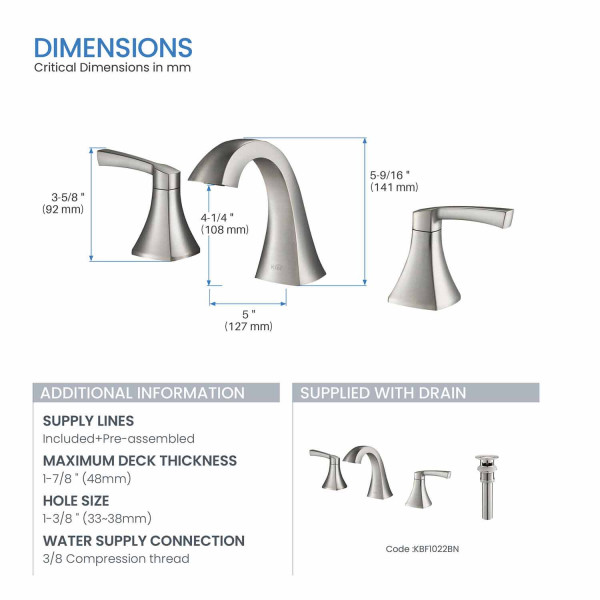KIBI KBF1022BN Pyramid II Bathroom Sink 8" Widespread Faucet with Drain Assembly
