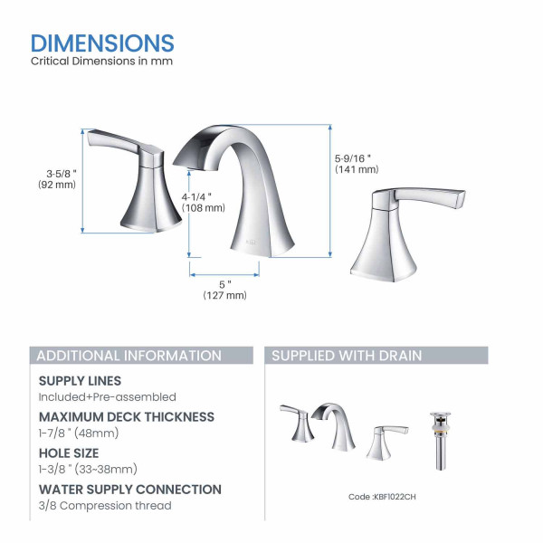 KIBI KBF1022CH Pyramid II Bathroom Sink 8" Widespread Faucet with Drain Assembly