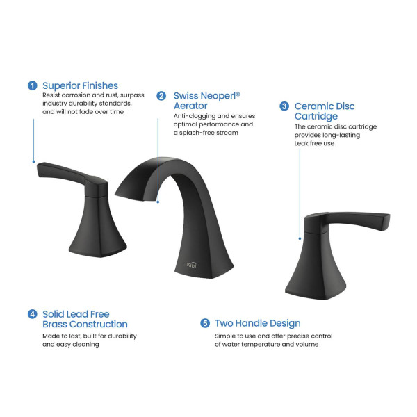 KIBI KBF1022MB Pyramid II Bathroom Sink 8" Widespread Faucet with Drain Assembly