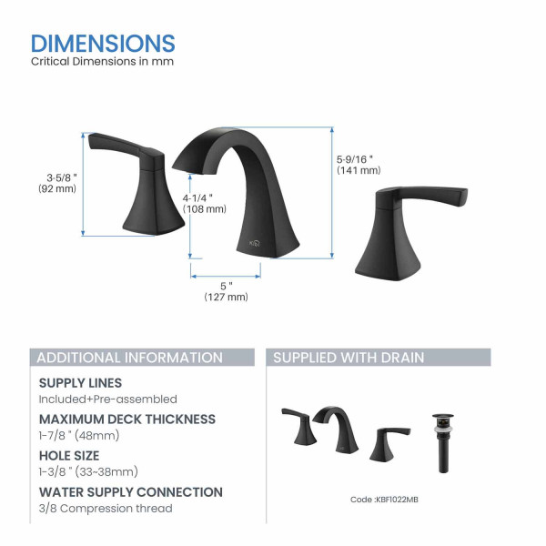KIBI KBF1022MB Pyramid II Bathroom Sink 8" Widespread Faucet with Drain Assembly
