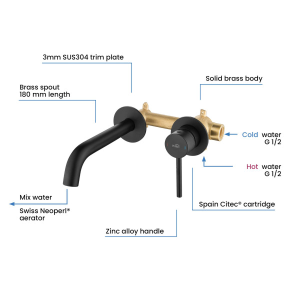 KIBI KBF1023MB Circular Single Handle Wall Mounted Bathroom Sink Faucet