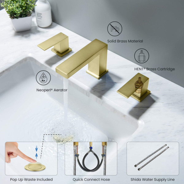 KIBI KBF1024BG Cube 8" Bathroom Sink Widespread Faucet with Drain Assembly