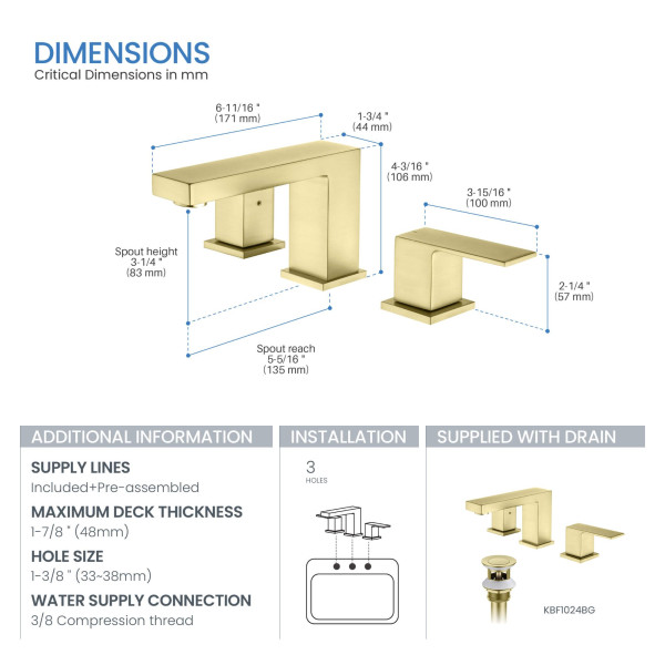 KIBI KBF1024BG Cube 8" Bathroom Sink Widespread Faucet with Drain Assembly