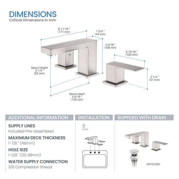 KIBI KBF1024BN Cube 8" Bathroom Sink Widespread Faucet with Drain Assembly