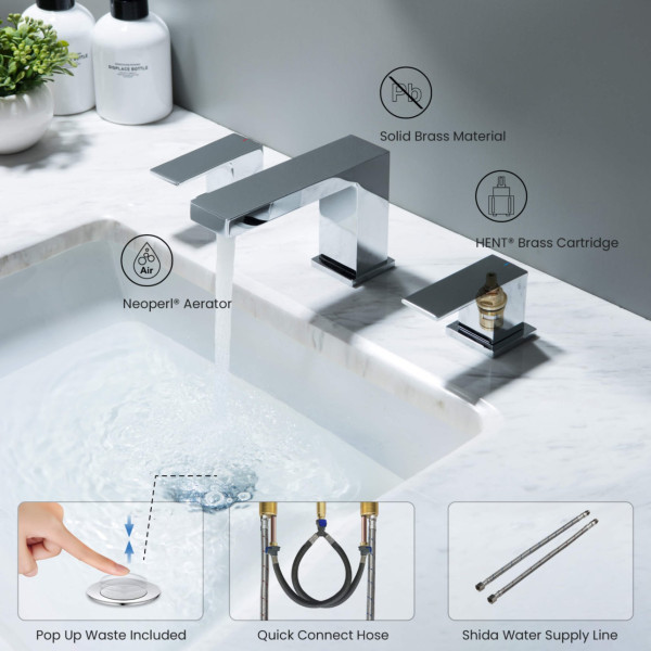 KIBI KBF1024CH Cube 8" Bathroom Sink Widespread Faucet with Drain Assembly
