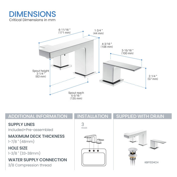 KIBI KBF1024CH Cube 8" Bathroom Sink Widespread Faucet with Drain Assembly