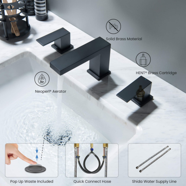 KIBI KBF1024MB Cube 8" Bathroom Sink Widespread Faucet with Drain Assembly