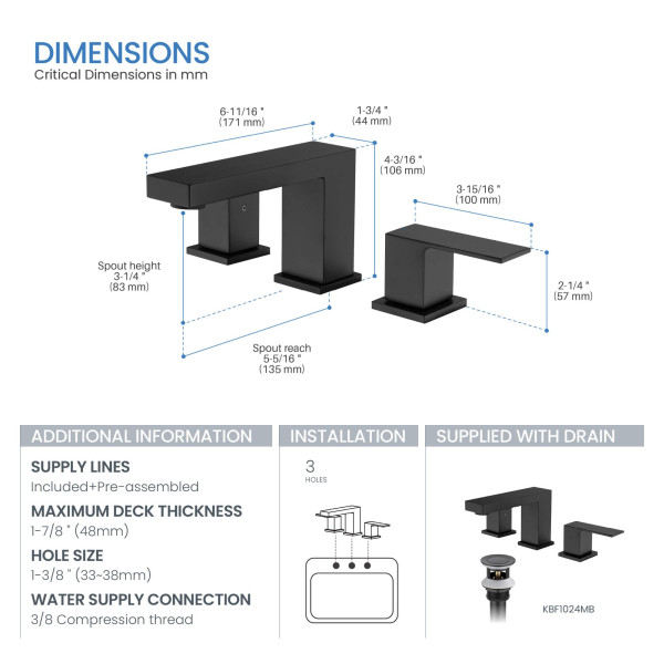 KIBI KBF1024MB Cube 8" Bathroom Sink Widespread Faucet with Drain Assembly