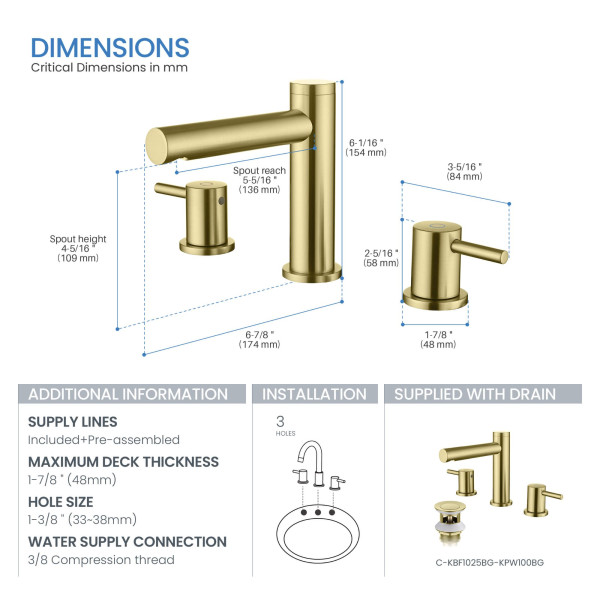 KIBI KBF1025BG Circular 8" Bathroom Sink Widespread Faucet with Drain Assembly
