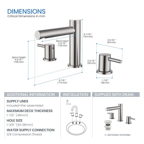 KIBI KBF1025BN Circular 8" Bathroom Sink Widespread Faucet with Drain Assembly