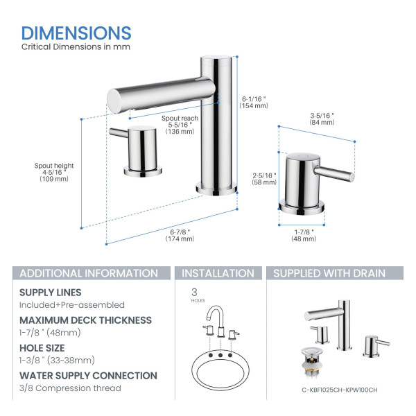KIBI KBF1025CH Circular 8" Bathroom Sink Widespread Faucet with Drain Assembly