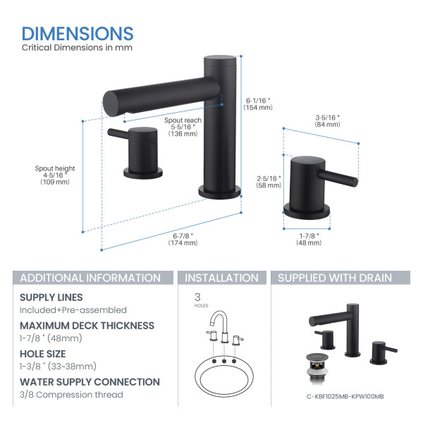KIBI KBF1025MB Circular 8" Bathroom Sink Widespread Faucet with Drain Assembly