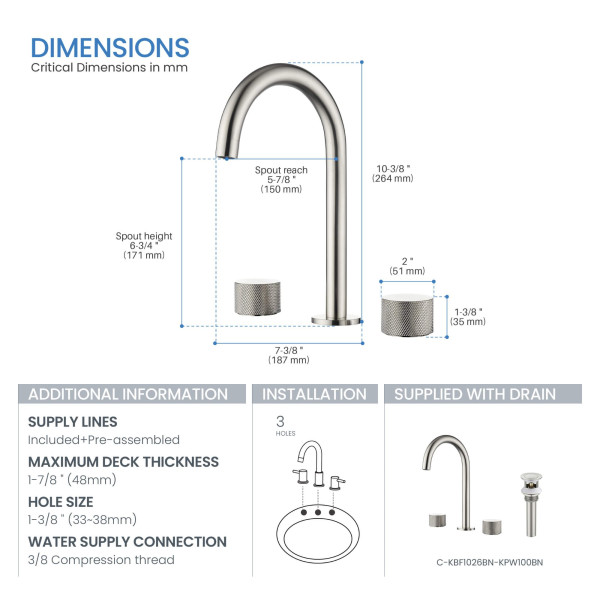KIBI KBF1026BN Circular X 8" Bathroom Sink Widespread Faucet with Drain Assembly
