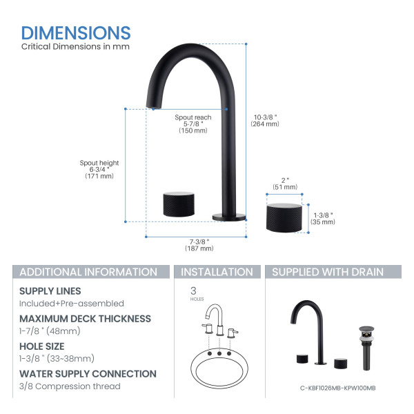 KIBI KBF1026MB Circular X 8" Bathroom Sink Widespread Faucet with Drain Assembly