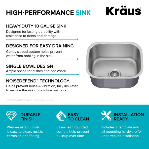 Kraus KBU11 Premier 20” Undermount Single Bowl 18-Gauge Stainless Steel Kitchen Sink