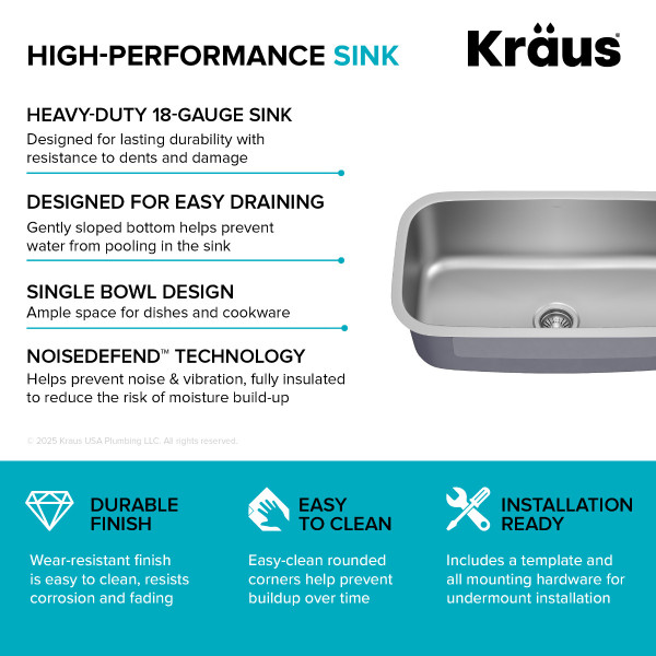 Kraus KBU14 31 1/2” Undermount Single Bowl 18-Gauge Stainless Steel Kitchen Sink