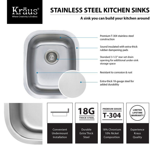 Kraus KBU16 18 inch Undermount Single Bowl Stainless Steel Kitchen Sink