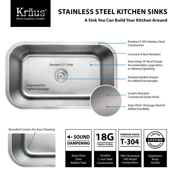 Kraus KBU17 15 inch Undermount Single Bowl Stainless Steel Kitchen Sink
