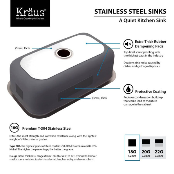 Kraus KBU17 15 inch Undermount Single Bowl Stainless Steel Kitchen Sink