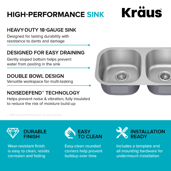 Kraus KBU22 32” Undermount Double Bowl 18-Gauge Stainless Steel Kitchen Sink