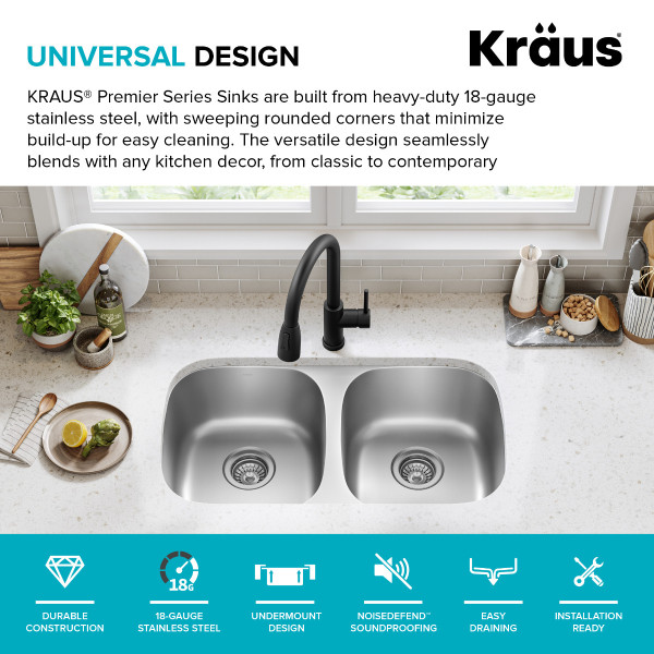 Kraus KBU22 32” Undermount Double Bowl 18-Gauge Stainless Steel Kitchen Sink