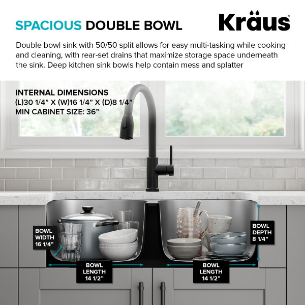 Kraus KBU22 32” Undermount Double Bowl 18-Gauge Stainless Steel Kitchen Sink