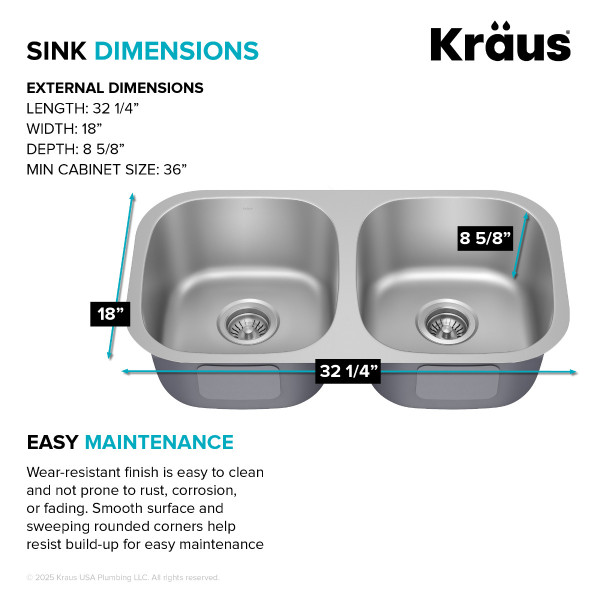 Kraus KBU22 32” Undermount Double Bowl 18-Gauge Stainless Steel Kitchen Sink