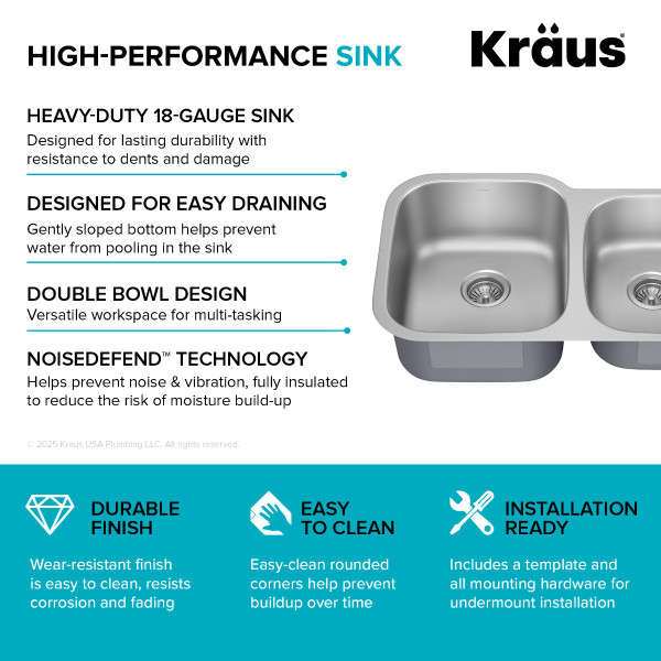 Kraus KBU24 32” Undermount 60/40 Double Bowl 18-Gauge Stainless Steel Kitchen Sink