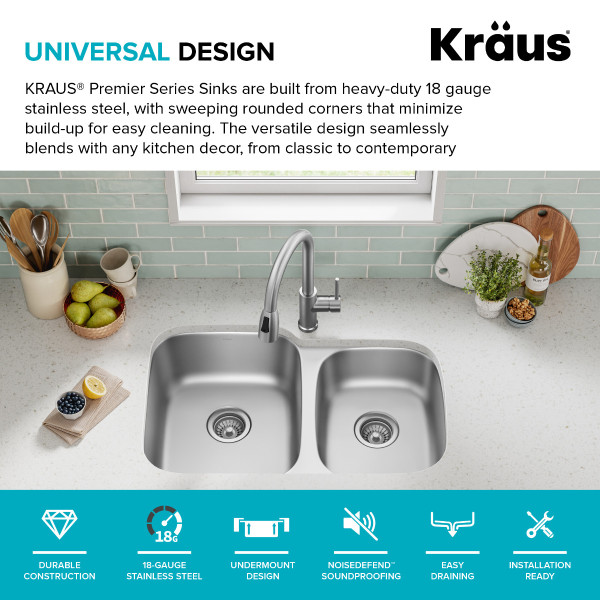 Kraus KBU24 32” Undermount 60/40 Double Bowl 18-Gauge Stainless Steel Kitchen Sink