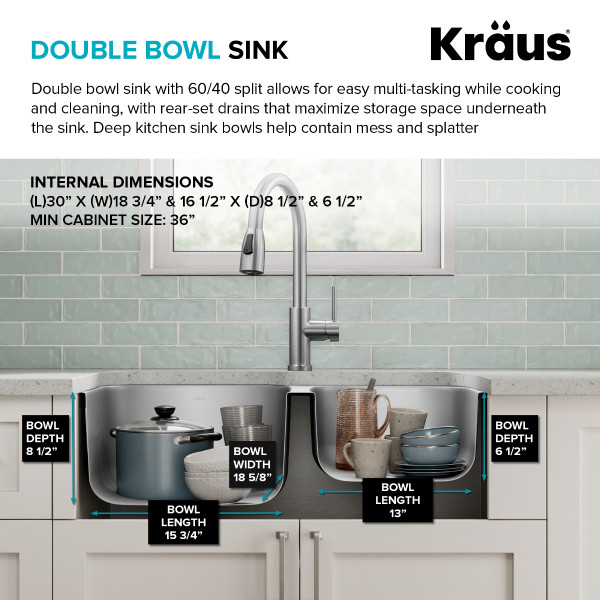 Kraus KBU24 32” Undermount 60/40 Double Bowl 18-Gauge Stainless Steel Kitchen Sink