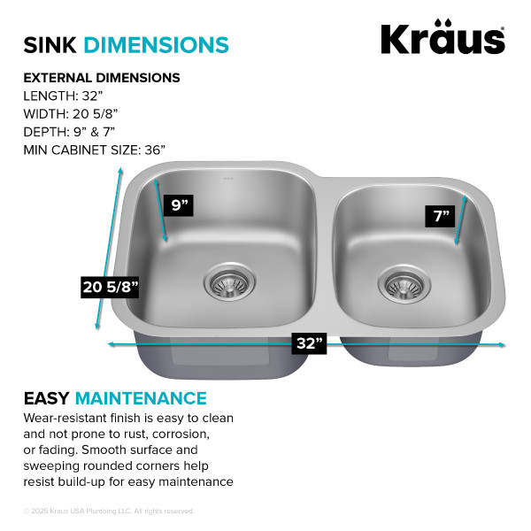 Kraus KBU24 32” Undermount 60/40 Double Bowl 18-Gauge Stainless Steel Kitchen Sink