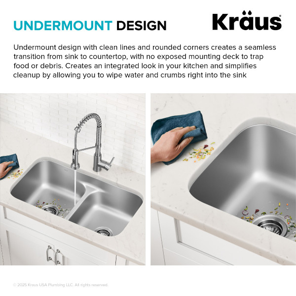 Kraus KBU24 32” Undermount 60/40 Double Bowl 18-Gauge Stainless Steel Kitchen Sink
