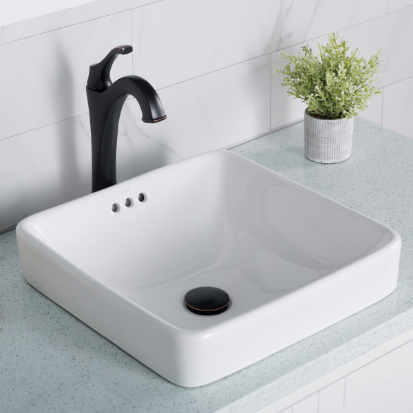 Kraus KCR-281 Elavo™ Square Semi-Recessed Vessel White Porcelain Ceramic 