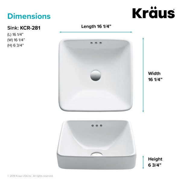Kraus KCR-281 Elavo™ Square Semi-Recessed Vessel White Porcelain Ceramic 