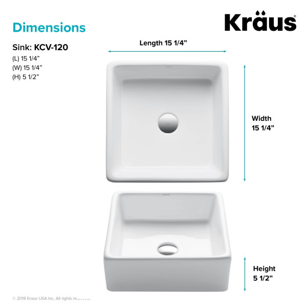Kraus KCV-120 15'' Squared Bathroom Ceramic Vessel Sink