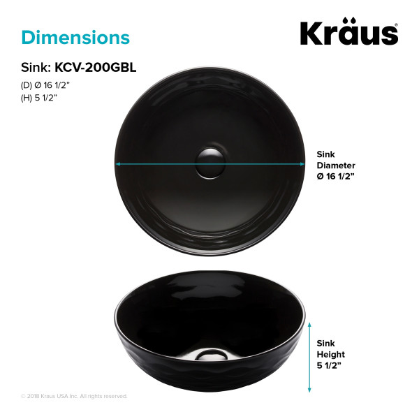 Kraus KCV-200GBL Viva™ Round Black Porcelain Ceramic Vessel Bathroom Sink
