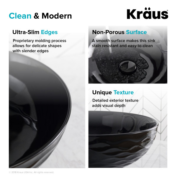 Kraus KCV-200GBL Viva™ Round Black Porcelain Ceramic Vessel Bathroom Sink