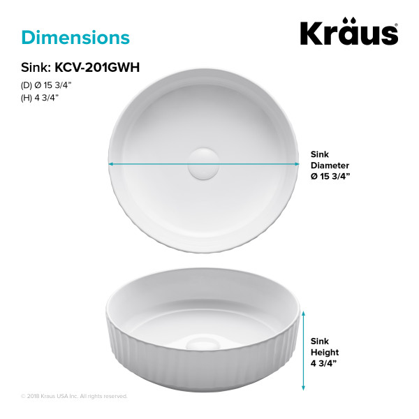 Kraus KCV-201GWH Viva™ Round White Porcelain Ceramic Vessel Bathroom Sink