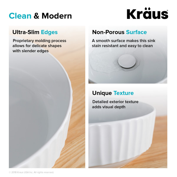 Kraus KCV-201GWH Viva™ Round White Porcelain Ceramic Vessel Bathroom Sink
