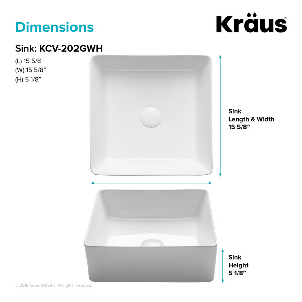 Kraus KCV-202GWH Viva™ Square White Porcelain Ceramic Vessel Bathroom Sink