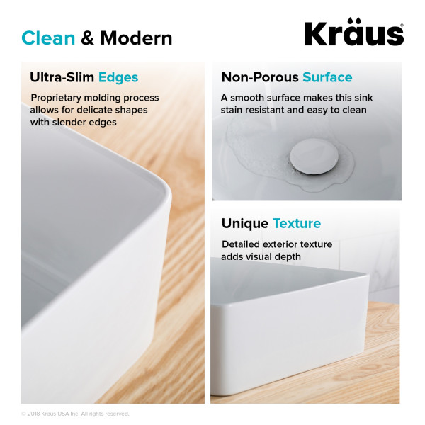 Kraus KCV-202GWH Viva™ Square White Porcelain Ceramic Vessel Bathroom Sink