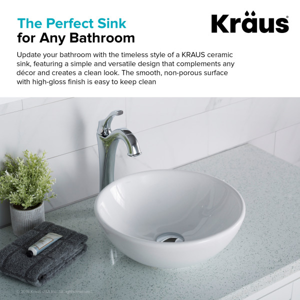 Kraus KCV-341 Elavo™ Round Vessel White Porcelain Ceramic Bathroom Sink