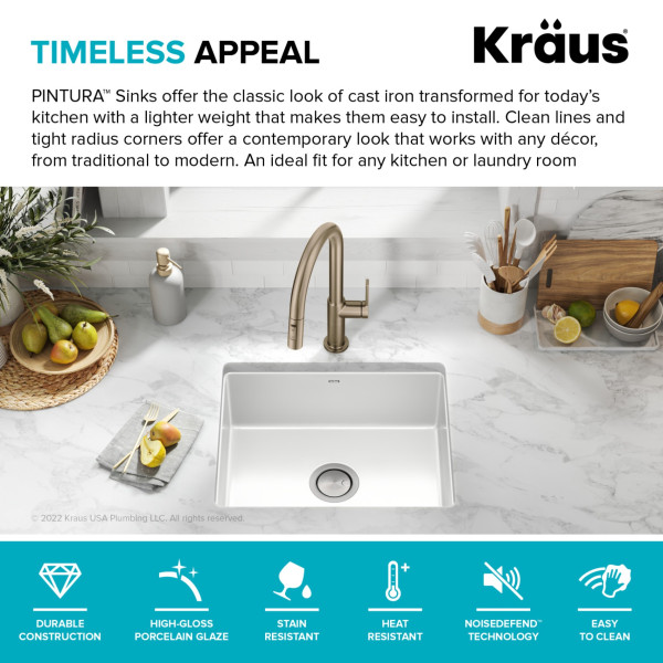 Kraus KE1US21GWH Pintura 21” Porcelain Enameled Steel Single Bowl Kitchen Sink 