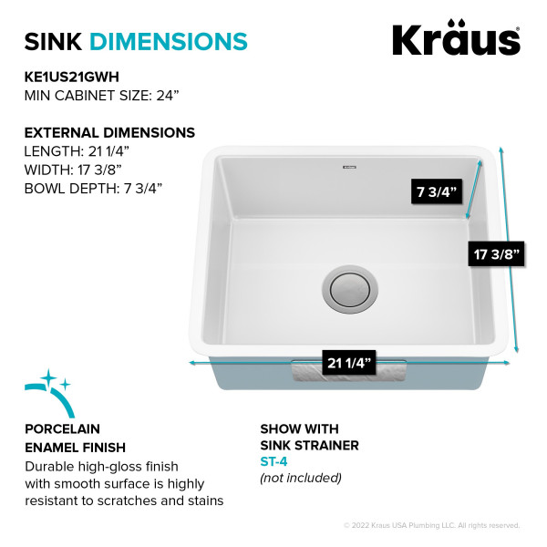 Kraus KE1US21GWH Pintura 21” Porcelain Enameled Steel Single Bowl Kitchen Sink 