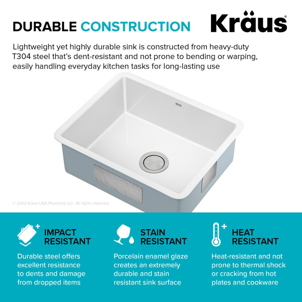 Kraus KE1US21GWH Pintura 21” Porcelain Enameled Steel Single Bowl Kitchen Sink 