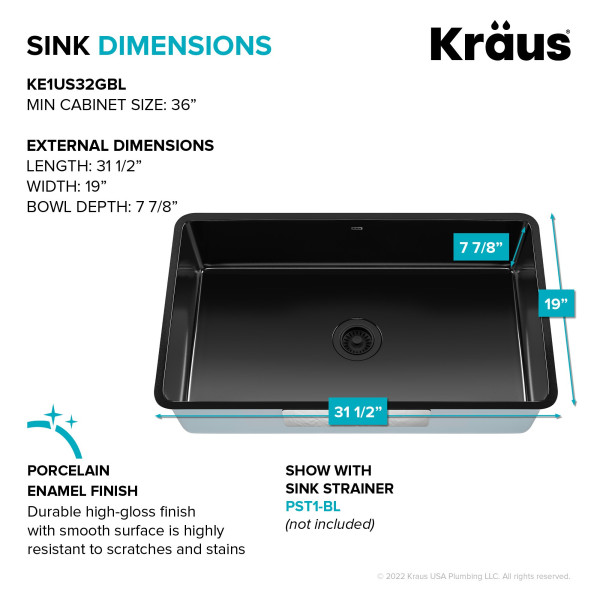  KRAUS KE1US32 Pintura™ 32” Undermount Enameled Steel Single Bowl Kitchen Sink 