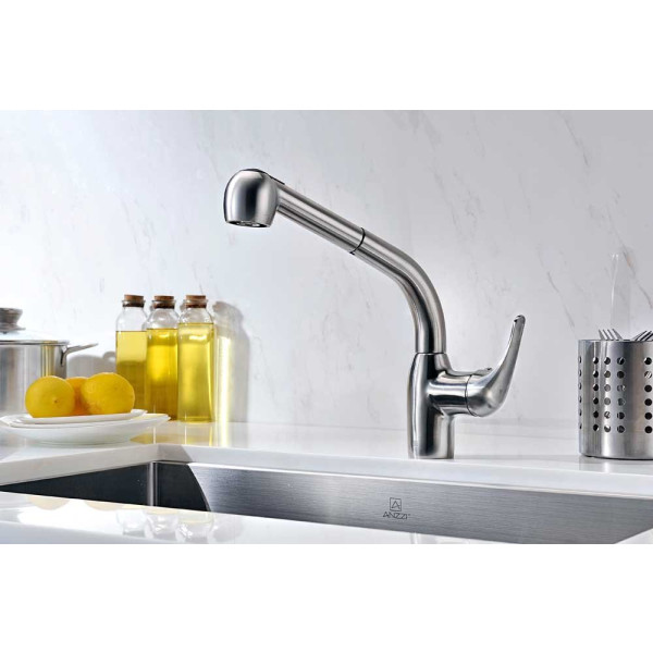 ANZZI KF-AZ095 Harbour Deck Mount Pull Out Kitchen Faucet In Brushed Nickel